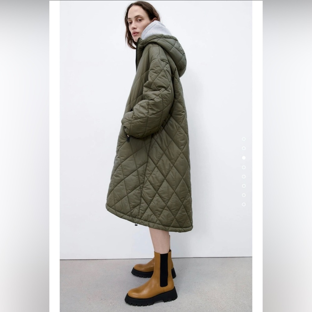 Zara Olive Quilted Hooded Coat